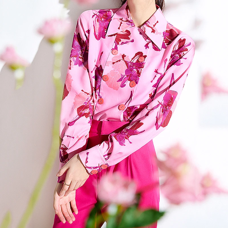 

Женская винтажная двубортная блузка, розовая рубашка с принтом, шикарный топ, женская одежда, SL031, 2024