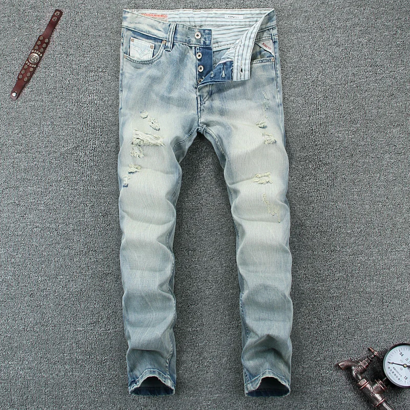 

Italian Style Fashion Men Jeans Light Blue Slim Fit Destroyed Ripped Jeans Men Denim Punk Pants Streetwear Hip Hop Jeans Homme