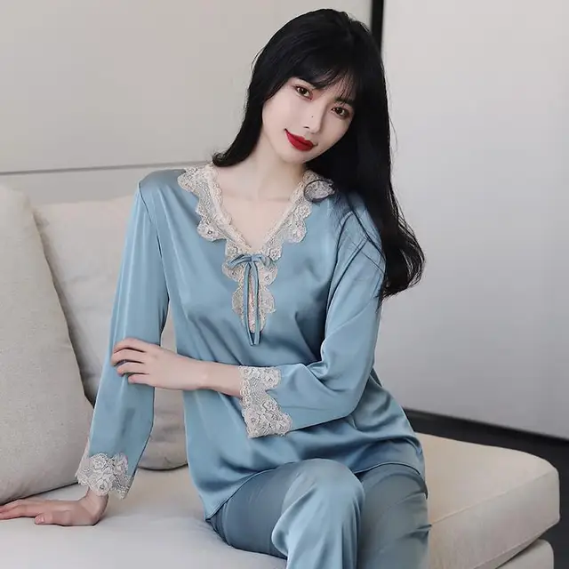 Lace Pj's 2PCS Sleepwear Women Satin Pajamas Suit Summer Pyjamas Casual Intimate Lingerie Long Sleeve Shirt&Pants Lounge Wear Lake Blue C