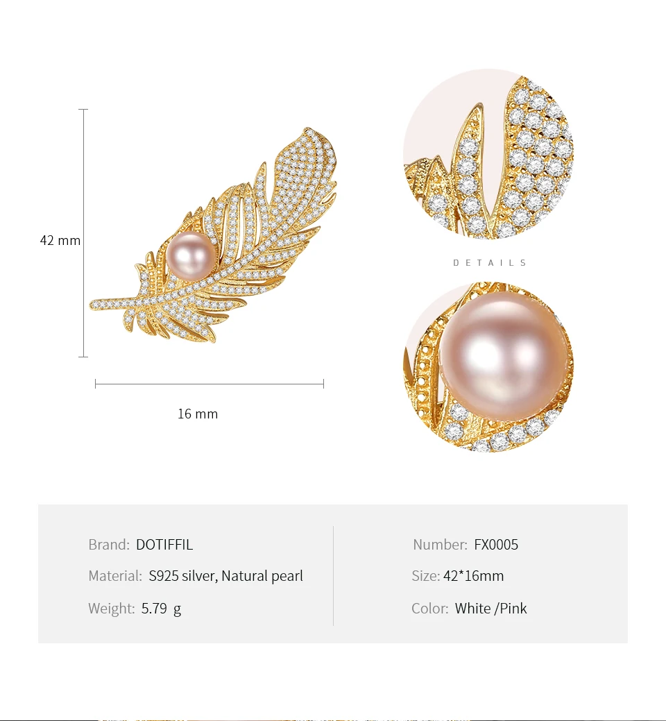 DOTEFFIL 925 серебряная брошь для женщин инкрустированная цирконием жемчужная брошь в форме пера женские аксессуары Броши роскошные ювелирные изделия Вечерние