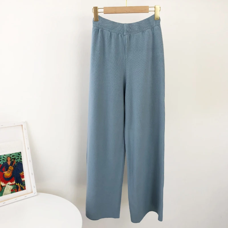 Aachoae 2020 Lady Solid Knit Pants Loose Wide Leg Long Length Pants Female Drawstring Casual Office Home Wear Trousers Pantalon