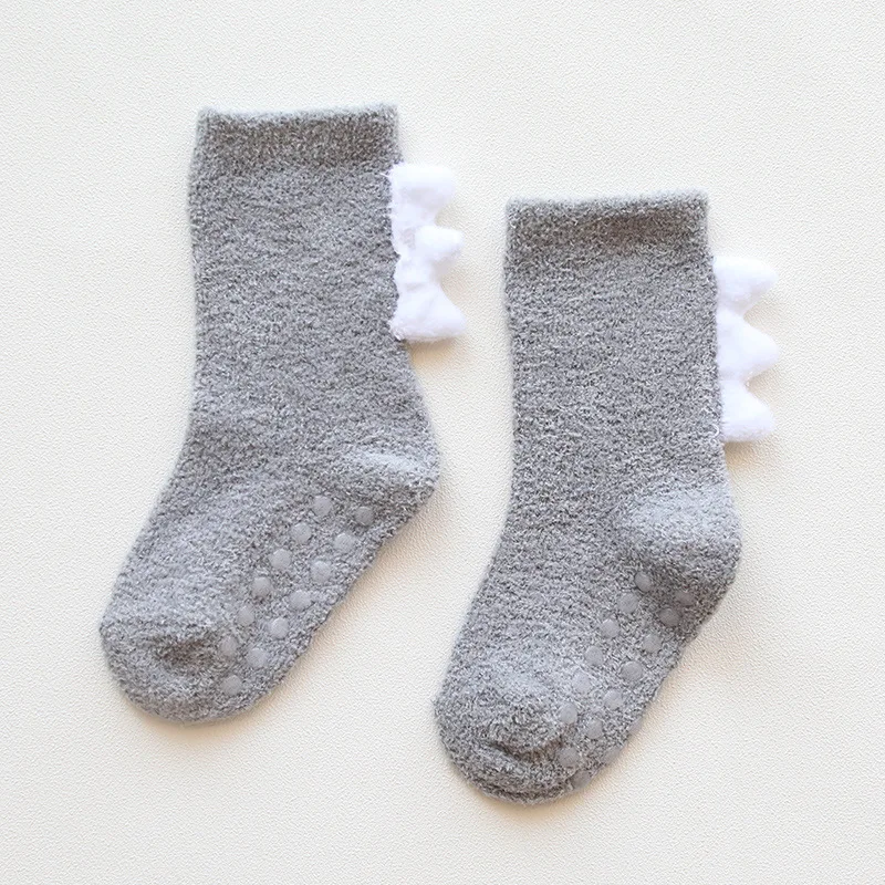 0-5 Years Baby Towel Socks Coral Velvet Thick Warm Dinosaur Kids Socks Non Slip Infant Baby Boy Girl Knitted Socks - Цвет: Серый
