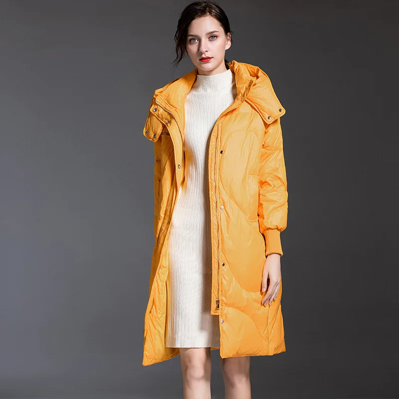 Down Jacket Female Long New Korean Women Winter Thick Oversize Yellow Hooded Down Coats 90% White Duck Puffer Coats RH600