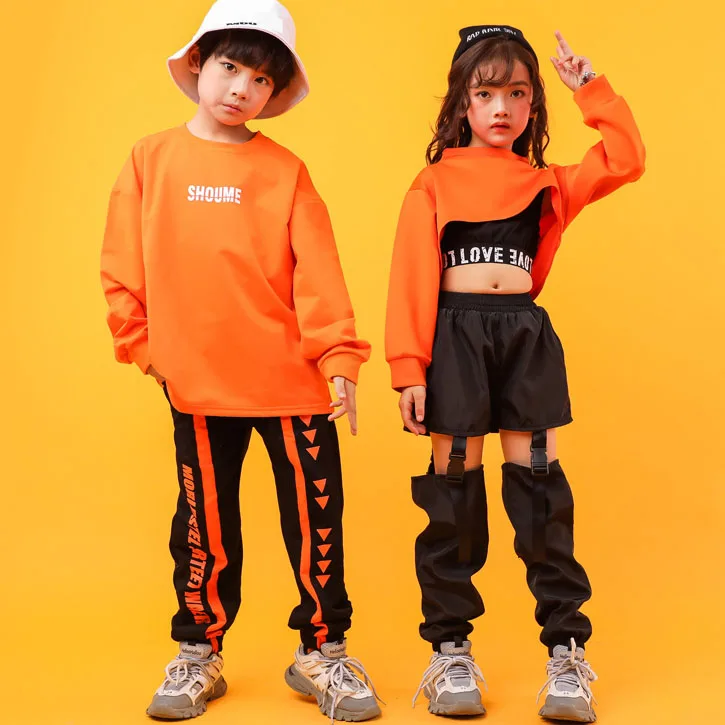 

For 4-16Y Boys Girls Orrange Dancing Costumes Cropped Hoodies Tops Personality Pants Hip-hop Jazz Dance Ballroom Stage Outfits