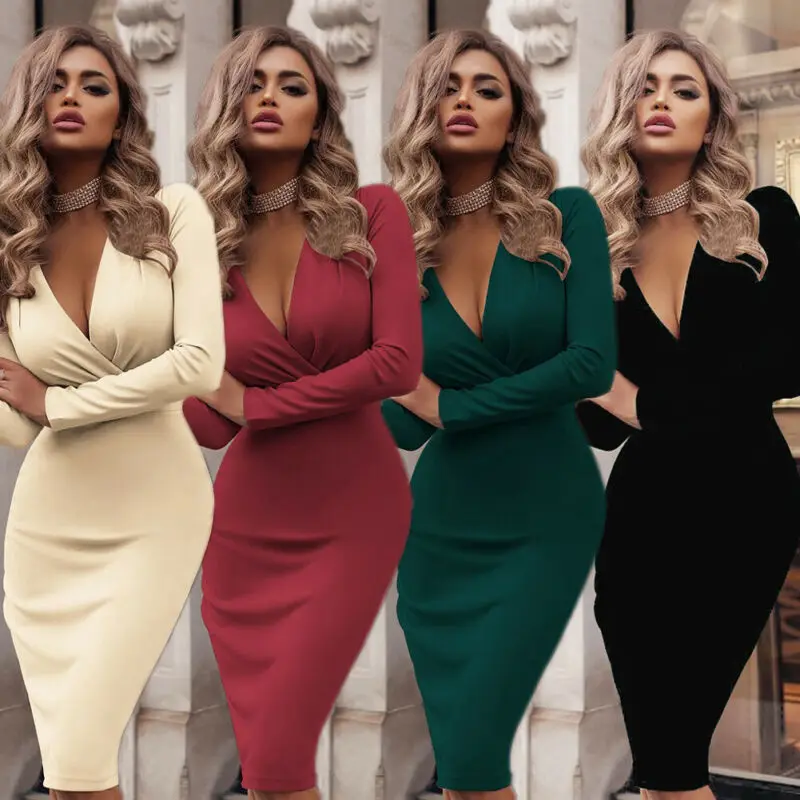 Women's Skinny Bodycon Dress Long Sleeve Deep V Neck Over Knee Midi 2020 Spring Sexy Club Night Party Dress Ladies Sexy Vestito