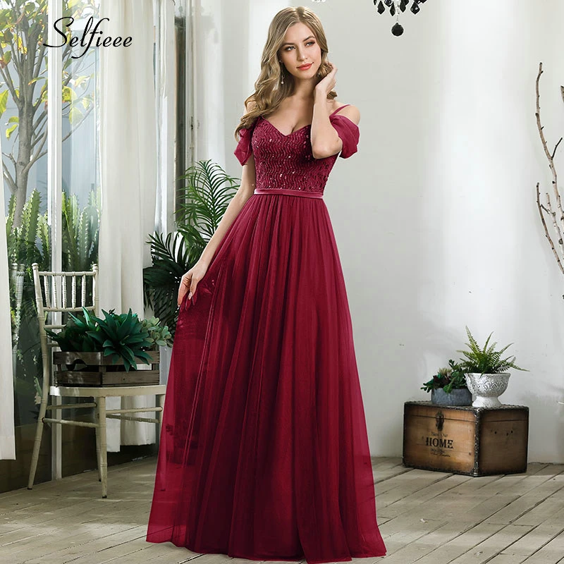 Elegant Laides Party Dress A-Line V-Neck Spaghetti Straps Sequined Short Sleeve Maxi Women Dress Sparkle Formal Gown Robe Femme