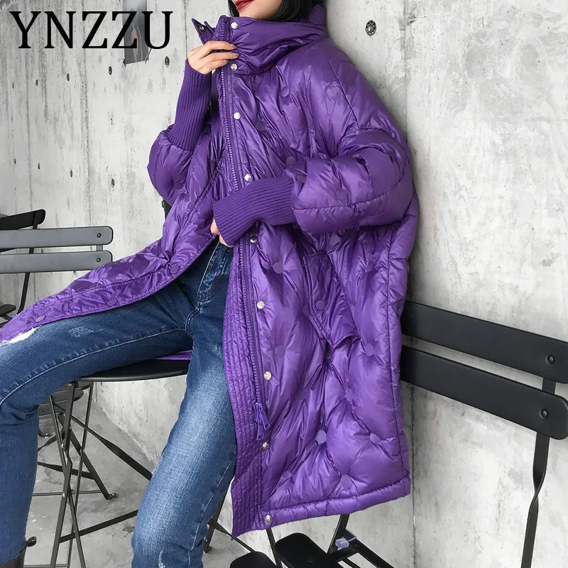 YNZZU осенне-зимний большой женский пуховик шикарный фиолетовый рукав летучая мышь утиный пух пальто женская одежда A1162