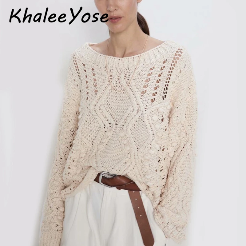 

KHALEE YOSE Knitted Hollow Out Sweater Pullovers Vintage Long Sleeve Sweater Women Ribbed Trims Femme Jumper Autumn Winter 2019