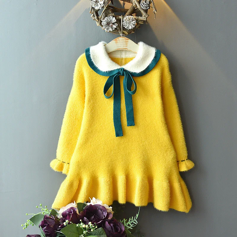 Модное трикотажное платье-свитер для маленьких девочек на осень и зиму; милые платья принцессы с бантом; Детские свитера для девочек; детская одежда