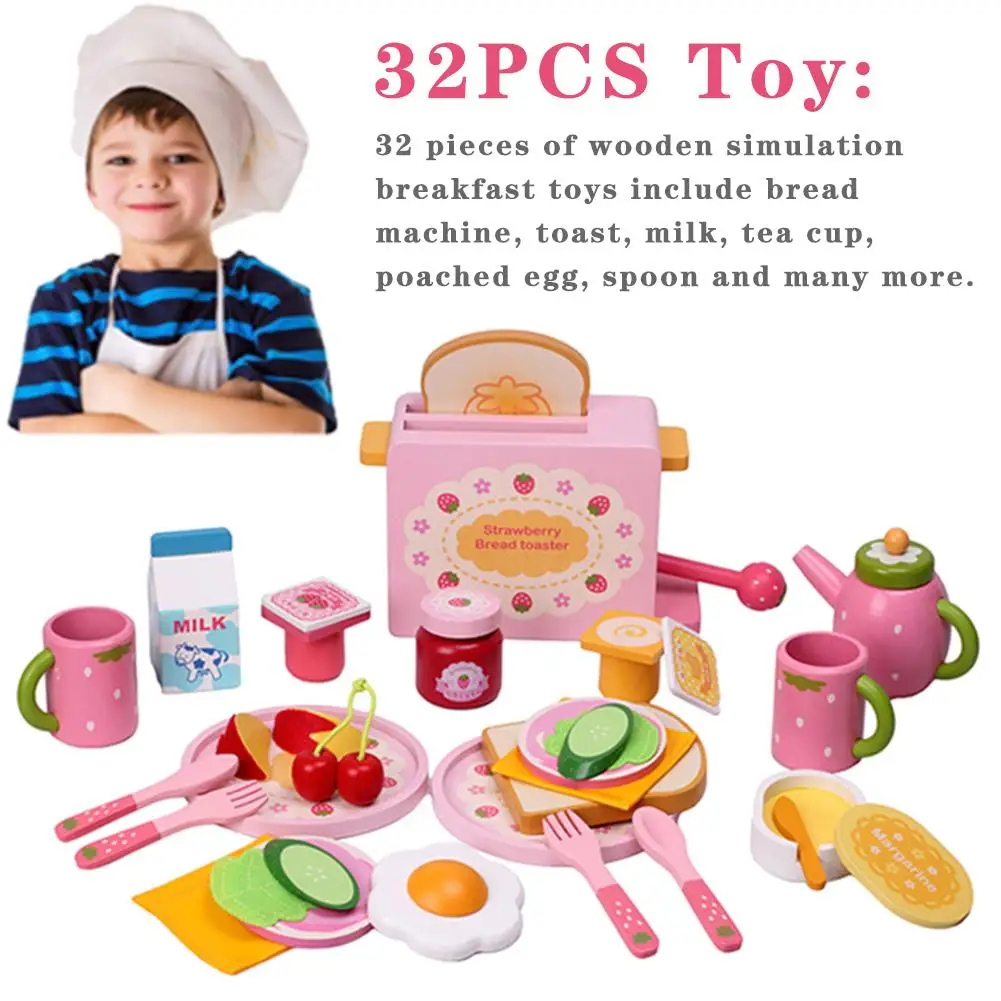 

32PCS Kitchen Playing House Toys Set Simulation Wooden Foods Toaster Milk Cutlery Pretend Mold Game for Girl Children Kids