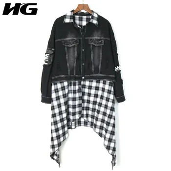 

HG Lattice Splice Hole Jeans Jacket Women Letter Print Plus Size Coat Fashion Streetwear Women Clothes 2019 Autumn New WQR1920
