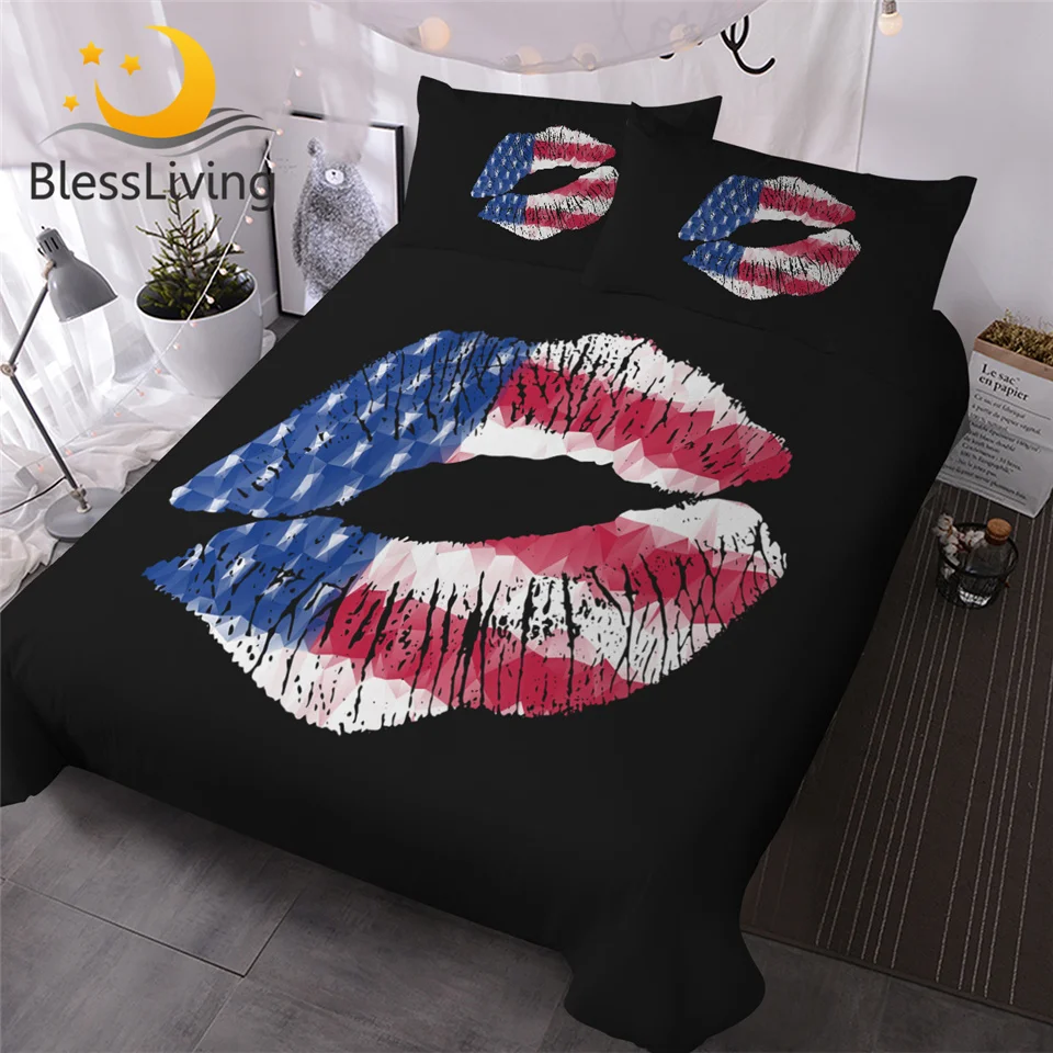

BlessLiving Stylish Lips Bedding Set American Flag Duvet Cover With Pillowcases 3pcs Golden Glitter Trendy Chic Comforter Cover