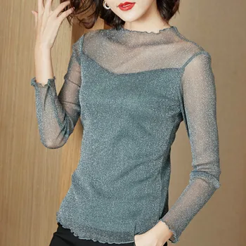 

Thin See Through Sexy Mesh Shirt Women Blouses Korea Autumn Slim Top Perspective Bright Silk Long-Sleeve Bottoming Blouse blusas
