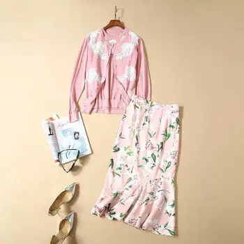

Autumn 2019 new European and American women's wear A long-sleeved cardigan vest Lily print fishtail skirt Fashion suits