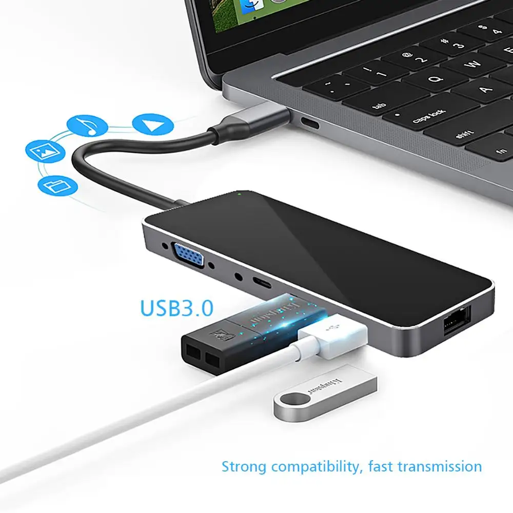 USB C Тип C концентратор TOTU 11-in-1 адаптер с поддержкой Ethernet 4K кабель-Переходник USB C на HDMI VGA 2 USB3.0 2 USB2.0 Micro SD/TF Card Reader устройство чтения карт