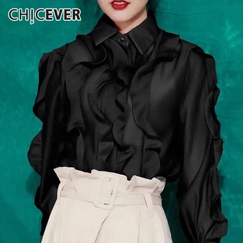 

CHICEVER Patchwork Ruffles Blouses Female Lapel Collar Lantern Long Sleeve Irregular Shirts Women 2020 Clothing Fashion Clothes
