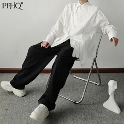 Pfhq 2021 nova moda masculina magro branco lapela único breasted costura simples borda crua cor sólida camisa primavera outono 21d825