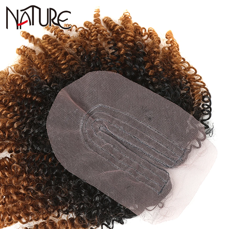 Nature Hair Synthetic Soft Afro Kinky Curly Hair Bundles Weave Ombre Black Blonde Lace With Closure Extension