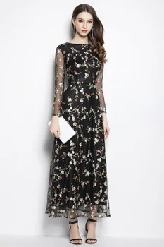 

Black Printed Flowers Evening Dresses Jewely Neckling Long Sleeves Formal Party Gowns For Women In Stock Robe