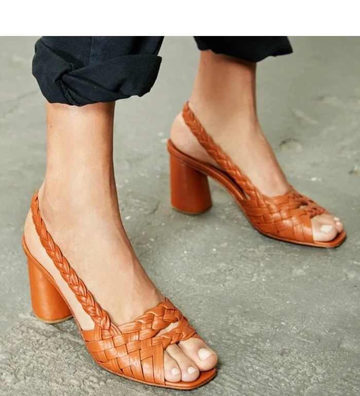 NAN JIU/летние босоножки на толстых каблуках с открытым носком; плетеная женская обувь однотонного цвета; большие размеры 34-43