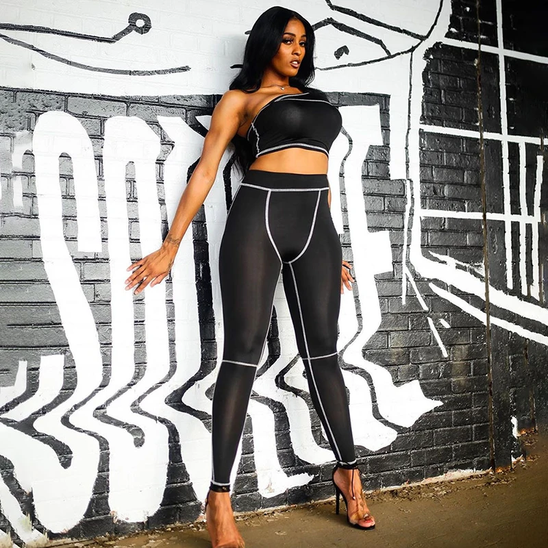 Sporty Women 2 Piece Set Active Wear Black 2021 Fitness Tracksuits One