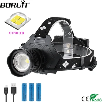

BORUiT 2064 LED Headlamp High Power XHP70 3000LM Zoom Headlight 5-Mode Power Bank Head Torch 18650 Rechargeable Flashlight