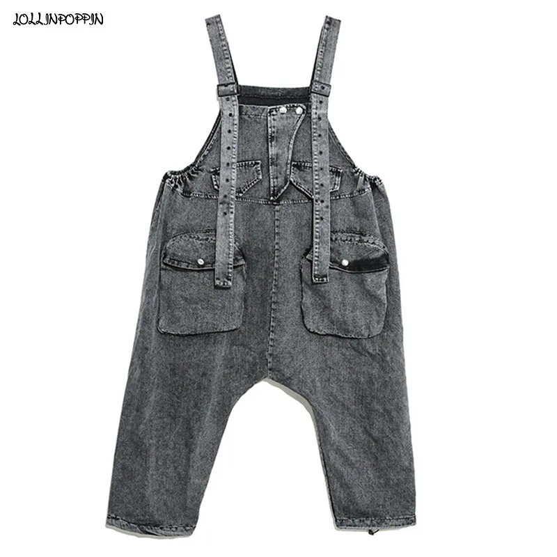 

Retro Women Baggy Denim Overalls With Suspenders 2022 New Garment Washed Front Pockets Ladies Vintage Loose Bib Jeans Streetwear