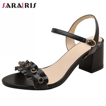 

SARAIRIS Office Ladies Summer Concise Summer Ruffless Sandals High Heels Genuine Leather Sandals Women OL Heels Shoes Woman