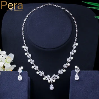 

Pera Sparkling Marquise Cut Leaf Flower CZ Big Pearl Drop Wedding Bridal Earrings and Necklaces for Women Jewelry Sets J288
