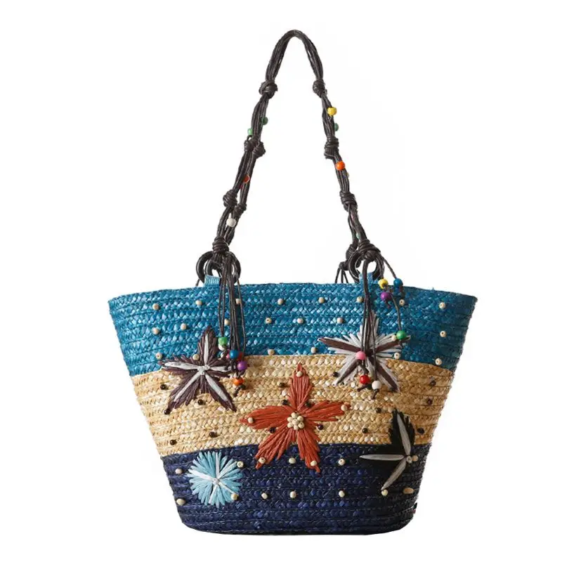 Women Starfish Woven Summer Beaded Straw Tote Shoulder Handbag