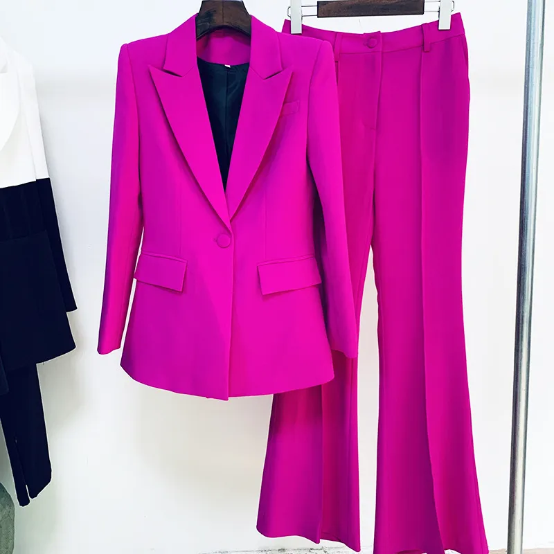 Blazer Pantsuits Two Piece Set Office Ladies Women Yellow Purple Business Single Buttons Flared Pants Blazer + Pants Formal Suit|Pant Suits| - AliExpress