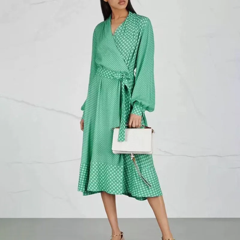

Luxury Designer Brand Dress for Women V Neck Lantern Long Sleeve High Waist Bandage Bow Slim A Line Dresses Vintage