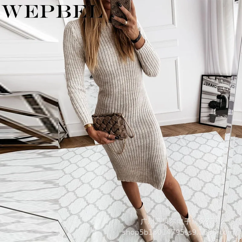 

WEPBEL Autumn Long Sleeve O-Neck High Waist Sheath Slit Dress Women's Sexy Solid Color Irregular Knitting Dress