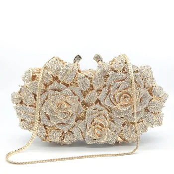 

With Holes Rose Diamond Evening Bag Metal Hard Box Women's Bag Annual Party Evening Dress Bag Banquet Diamond Set Handbag