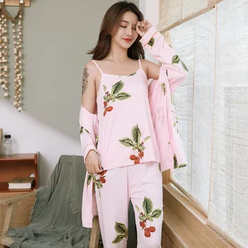 

Smmoloa V Neck Spring Autumn Milk Silk Pajamas for Woman Sexy women Lace pajamas Set Three-piece Suit
