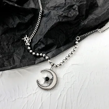 

Simple Korean Moon Star Black Cubic Zirconia Tibetan Sterling Silver Pendant Necklace For Women Clavicle Chain Jewelry 925