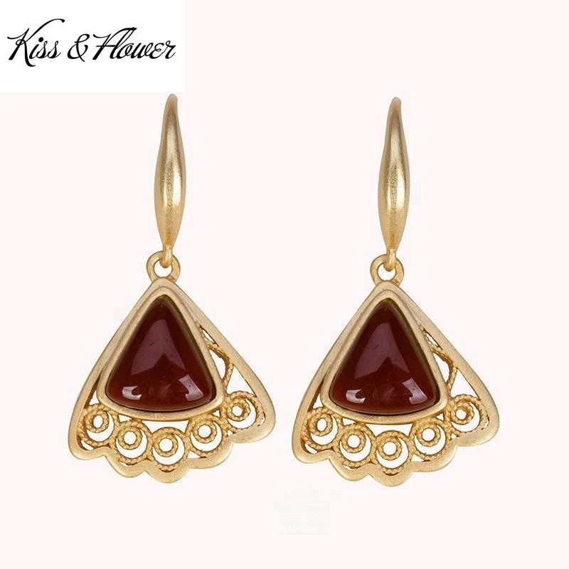 

KISS&FLOWER ER322 Fine Jewelry Wholesale Fashion Woman Girl Mother Birthday Wedding Gift Triangle Agate 24KT Gold Drop Earrings