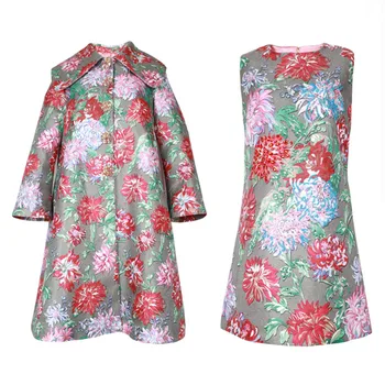 

Elegant Flowers Trench Dress Women Suit Set Spring Autumn Fashion Overcoat and Vest Dress Two Piece Sets Female Luxury Outfits