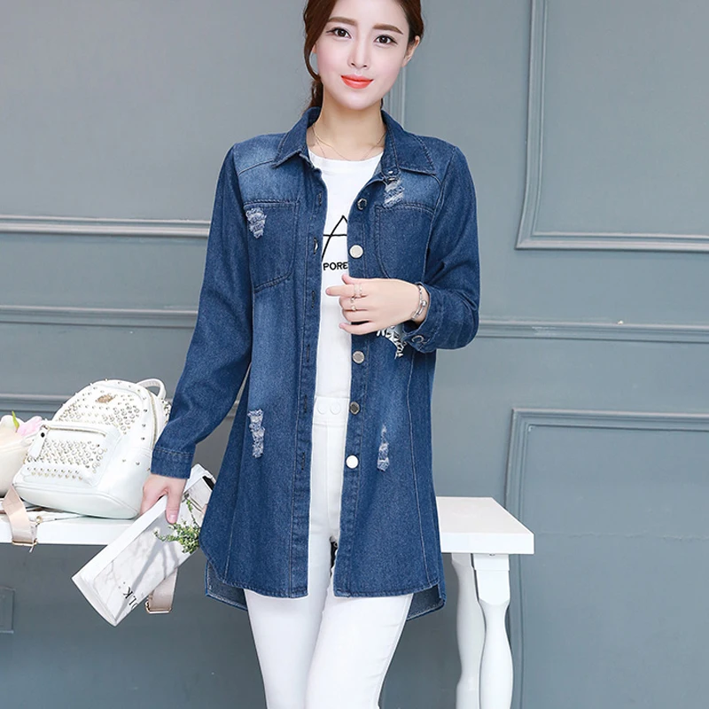 

Blue 5Xl Big Plus Size Ripped Denim Jacket For Women Spring Autumn Basic Long Denim Shirt Jacket Female Vintage Frayed Slim Jean