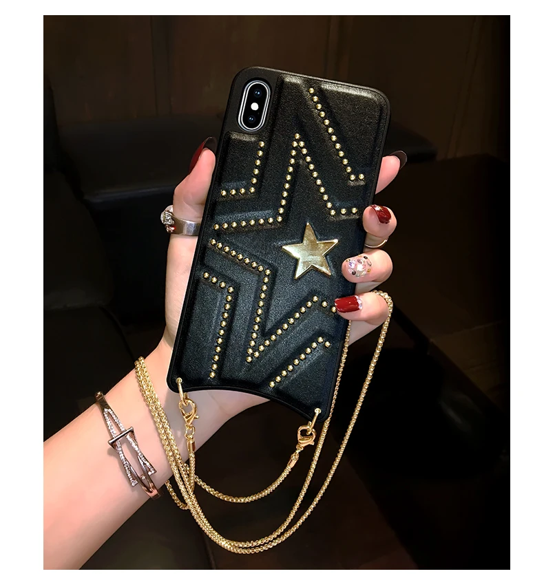 Luxury Fashion Cool 3D Rivet Star Handbag Leather Case Cover With Long Metal Chain For Iphone 11 Pro XS Max XR X 8 7 6 6S Plus