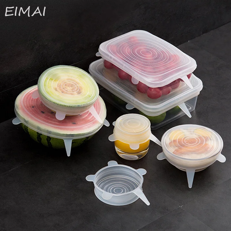 

EIMAI 6 Pcs/ Set Universal Food Silicone Cover Reusable Silicone Stretch Lids Caps For Cookware Pot Cover Kitchen Accessories