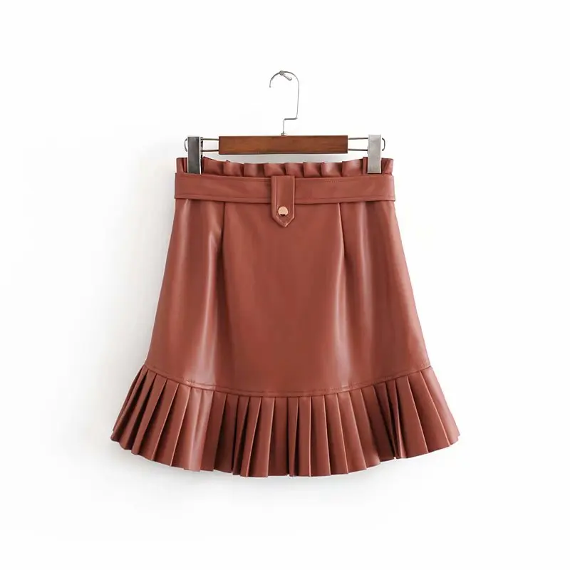 Tanie Stylowa elegancka spódniczka mini ze skóry pu z paskiem Za modne damskie spódnice z wysokim stanem plisowane spódnice casualowe w stylu streetwear Party Faldas