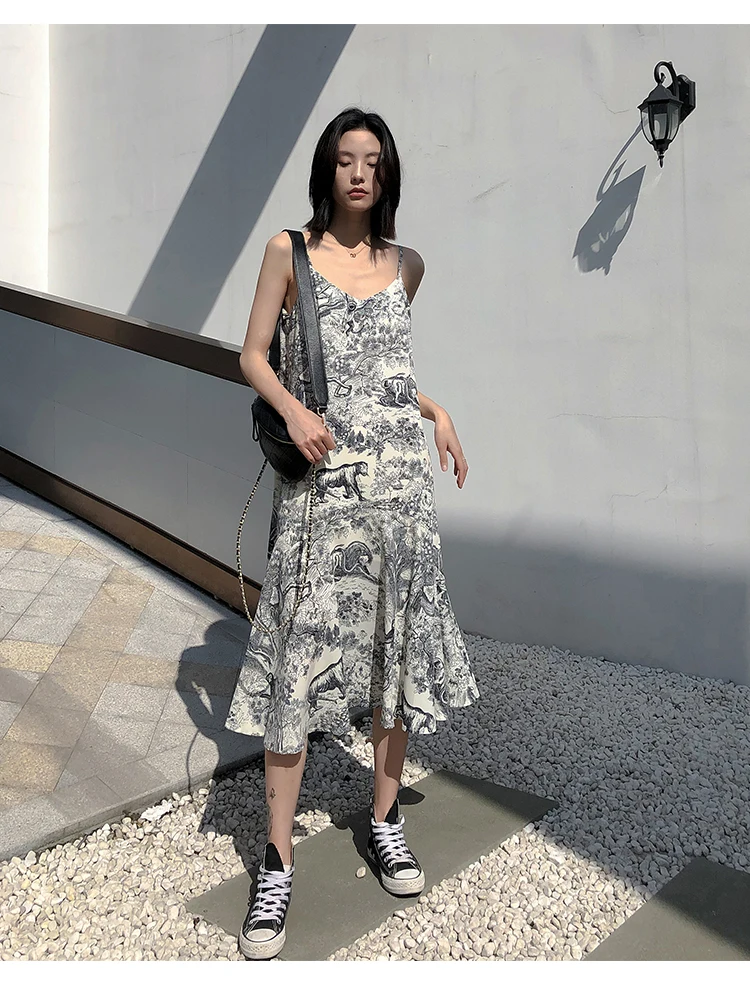 Chic women's high quality elegant slip dress Holiday style animal print chiffon dress B283