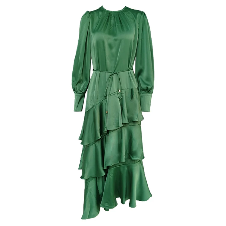 SEQINYY платье высокого качества, весна-осень, модный дизайн, длинные рукава, пуговицы, каскадные оборки, платье миди - Цвет: picture1
