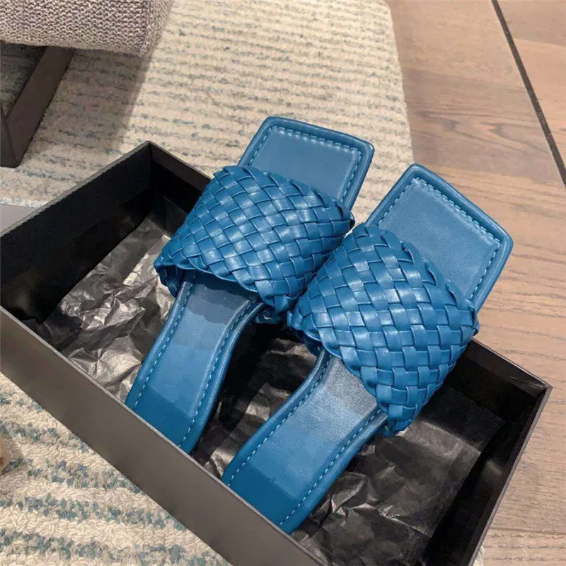 

New Weave Intrecciato Flats Sandals Slippers Women Brown black Square peep toe Summer Mules Slides Outdoors Flat Beach Sh