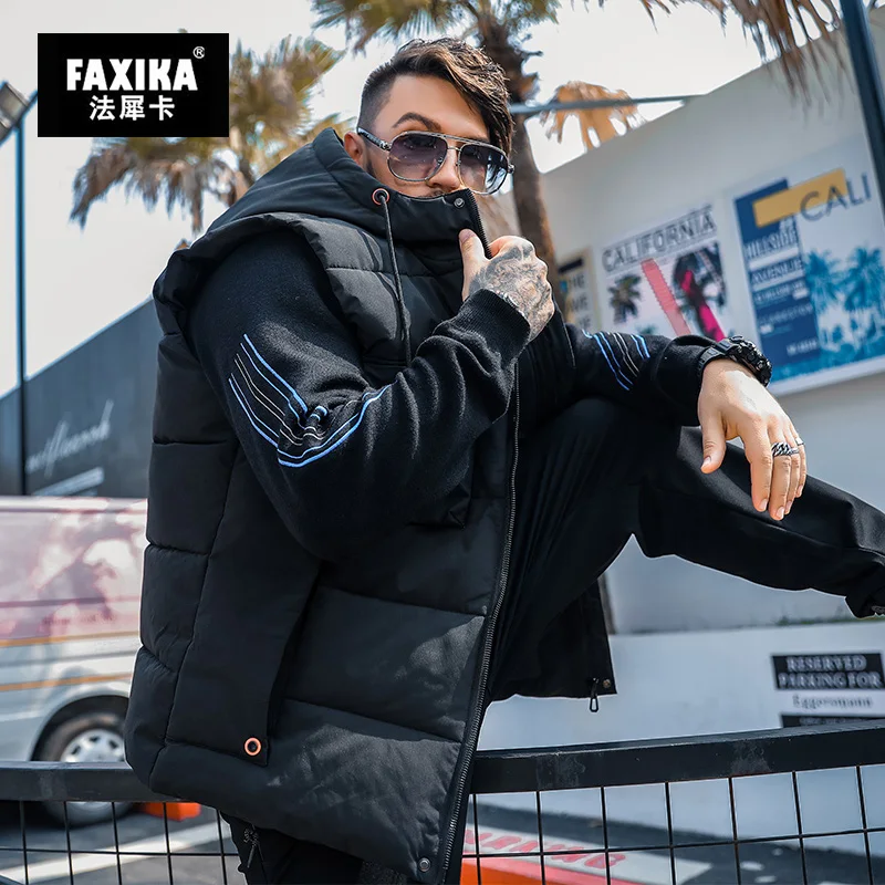 FAXIKA Tide of men's large size men's cotton vest qiu dong with fertilizer increasing patch pocket hooded vest coat