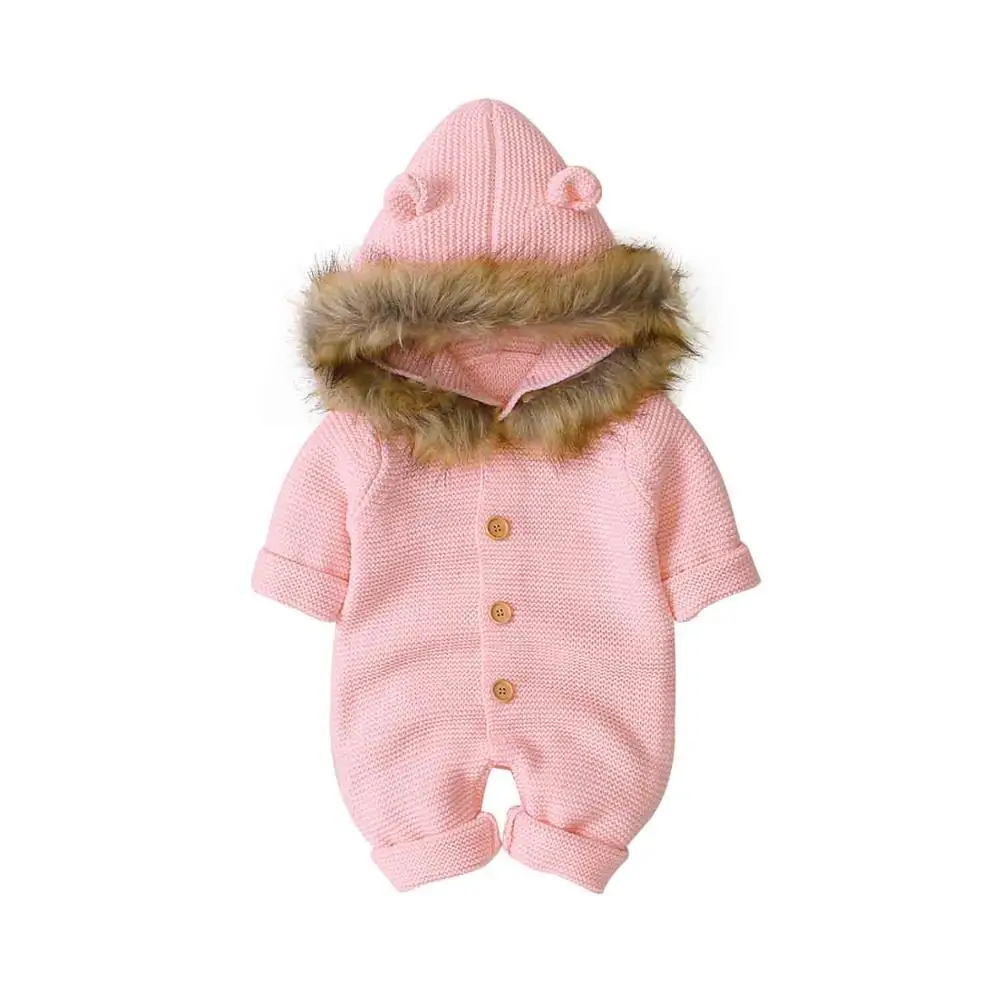 Baby Rompers Long Sleeve Winter Warm Jumpsuit for Newborns Solid Knitted Infant Boy Girl Overalls Autumn Hooded Children Clothes