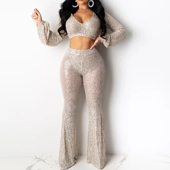 

Flare Pants Two Piece Sets Autumn Long Sleeve Crop Top+Trousers Women Club Deep V Sexy Sequin Outfits Solid Plus Size Romper
