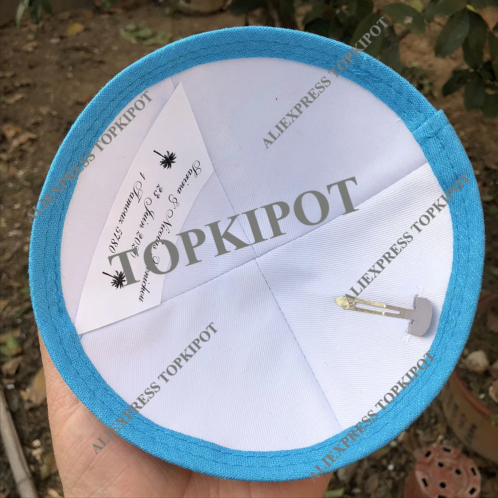Белый льняной кипа с бирюзовой каймой для свадьбы