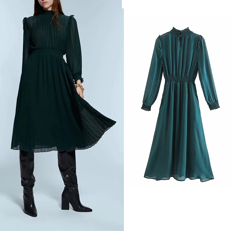 

Women dress elegant solid mid calf ruffled collar 2019 za dress long sleeve A-line party dress vintage slim vestidos mujer